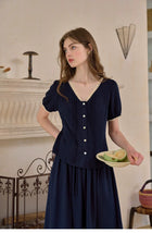 Vintage Commute Women French Elegant V Neck Linen Two Piece Set Matching Cropped Top and Skirt Retro Temperament Outfit Daily Casual Linen Matching Set