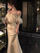 Off-Shoulder Draped Satin Midi Dress - Ivory