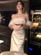 Off-Shoulder Draped Satin Midi Dress - Ivory