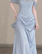 Blue Off-Shoulder Ruched Mermaid Prom Dress - garment detail