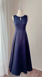 Navy Satin Keyhole-Neck Evening Midi Dress - garment detail