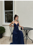 Navy Ring Front Ruched Drop Waist Maxi Dress - Navy