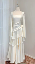 Ivory Square-Neck Ruffle Long-Sleeve Party Dress - garment detail