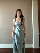 Sage Sequin-Bodice Satin Evening Dress - Sage