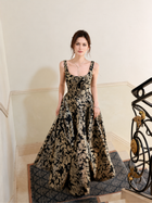 Black and Gold Botanical Jacquard Cocktail Dress - Black and Gold