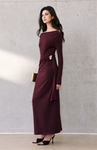 Off-Shoulder Brooch Detail Ruched Maxi Dress - Plum