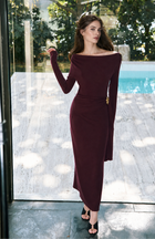 Off-Shoulder Brooch Detail Ruched Maxi Dress - Plum