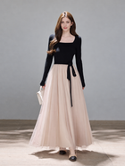 Black and Blush Tulle Evening Maxi Dress - Black and Blush / Long Sleeves