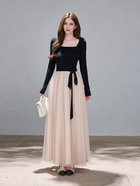 Black and Blush Tulle Evening Maxi Dress - Black and Blush / Long Sleeves