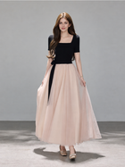 Black and Blush Tulle Evening Maxi Dress - Black and Blush / Short Sleeves