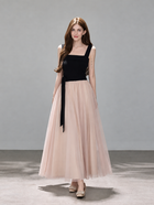 Black and Blush Tulle Evening Maxi Dress - Black and Blush / Sleeveless