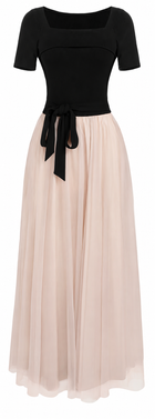 Black and Blush Tulle Evening Maxi Dress - garment detail