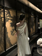 One-Shoulder Satin Maxi Dress with Scarf - garment detail