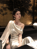 One-Shoulder Satin Maxi Dress with Scarf - Ivory