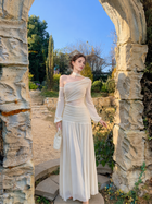 Asymmetric Sheer Long-Sleeve Bodycon Maxi Dress - Ivory
