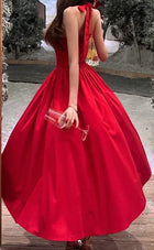 Red Halter Full-Skirt Prom Dress - garment detail