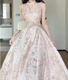 Pink Metallic Jacquard Fit-and-Flare Midi Dress - garment detail
