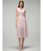 Pink V-Neck Sleeveless Lace Cocktail Midi Dress - Pink