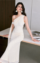 One-Shoulder Embellished Mesh Scarf Maxi Dress - Ivory
