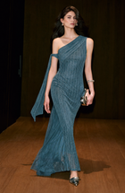 One-Shoulder Embellished Mesh Scarf Maxi Dress - Slate Blue