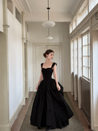 Wide-Strap Black Corset A-Line Maxi Dress - Black