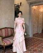 Pink Off-Shoulder Ruffle Mermaid Evening Dress, pale pink, front view