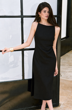Boat Neck Ruched Bodycon Midi Dress - Black