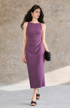 Boat Neck Ruched Bodycon Midi Dress - Purple