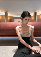 Square-Neck Colorblock Embellished Dress - Pink and Black