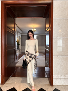 Boat-Neck Long-Sleeve Fitted Evening Maxi Dress - Pale Yellow