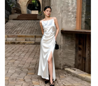 Square-Neck Satin Slit Maxi Dress - Ivory