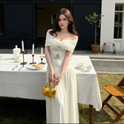 White Off-Shoulder Pleated Evening Maxi Dress - White
