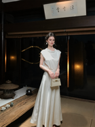 Ivory Scarf-Neck Satin A-Line Evening Dress - Moon White