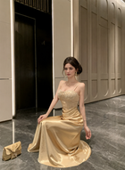 Gold Embellished-Bodice Satin Evening Gown - Champagne Gold