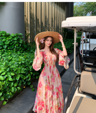Rose Print Square-Neck Bell-Sleeve Maxi Dress, floral, additional view