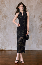 Embroidered Lace Mandarin Collar Midi Dress - Black