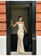Yellow Floral Applique Strapless Mermaid Maxi Dress - Yellow