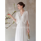 V-Neck Pleated Cape-Sleeve Maxi Dress - White