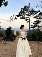 Ivory Lace-Bodice Black-Bow Party Midi Dress - Ivory with Black Bow