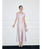 Off-Shoulder Satin Bow Cocktail Midi Dress - Lilac