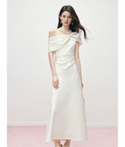 Off-Shoulder Satin Bow Cocktail Midi Dress - Pearl White