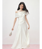 Off-Shoulder Satin Bow Cocktail Midi Dress - Pearl White