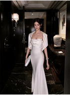 Scarf-Neck Satin Open-Back Evening Dress - Pearl White