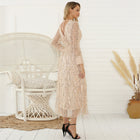 Long-Sleeve V-Neck Fringe Evening Dress