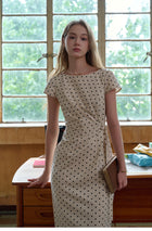 French Polka Dot Linen Blend Ruched Waist Midi Dress
