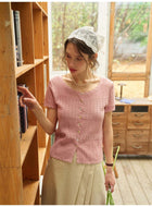 French Style Hollow Knit Short Sleeve Cardigan, Linen-Look Breathable Top, 2 Colors