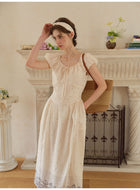 Women's Linen Lyocell Blend Embroidered Midi Dress | French Style Puff Sleeve Polka Dot Dress