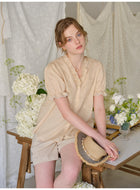 French Ruffled V-Neck Embroidered Tencel Ramie Blouse