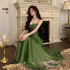 Satin Tiered Mermaid Prom Dress with Spaghetti Straps — Green — view 4