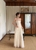 Lace Spaghetti-Strap Corset Maxi Evening Dress — Ivory — view 3